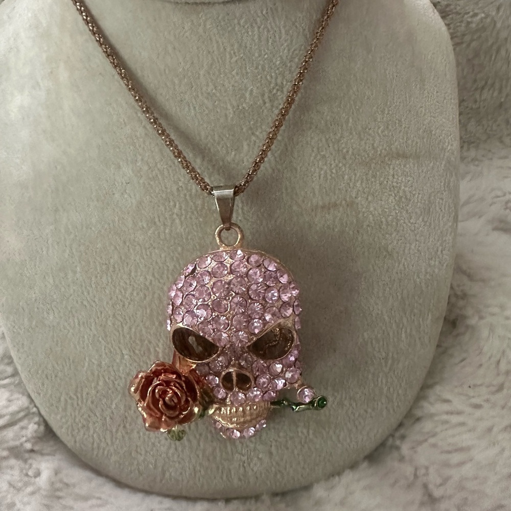 Betsey Johnson Pink Skull Rose Crystal Enamel Skull Necklace